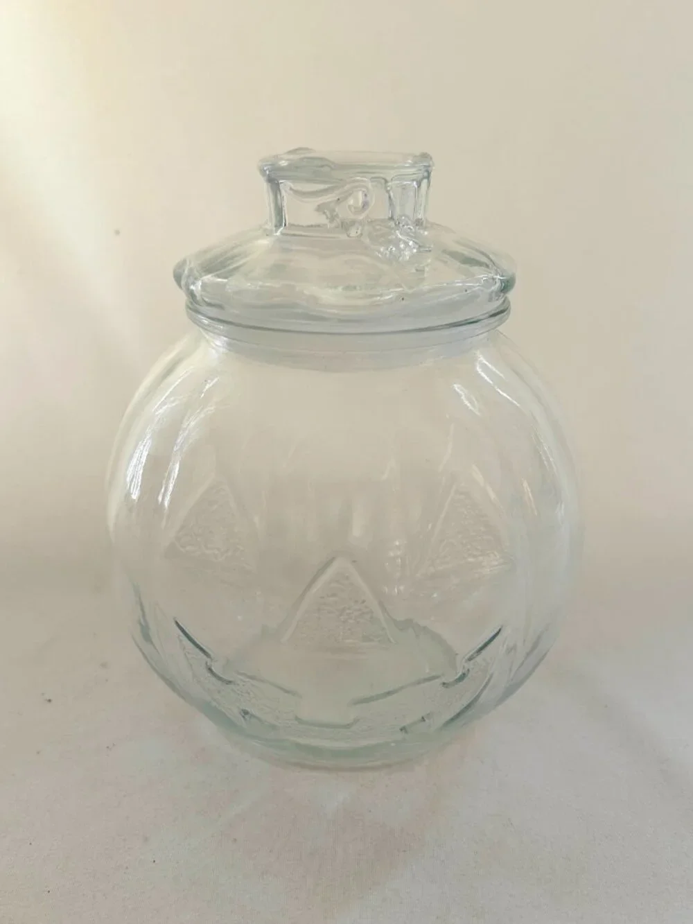 Clear Glass Smiling Pumpkin Jar With Lid.